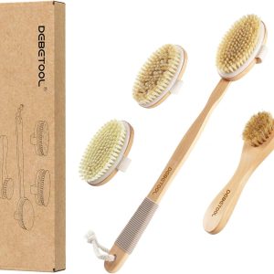 Dry Brushing Set - Natural Boar Bristle Body & Face Brush, Wooden Long Handle Scrub Brush for Cellulite & Lymphatic Drainage, Detachable, 3 Brush Heads
