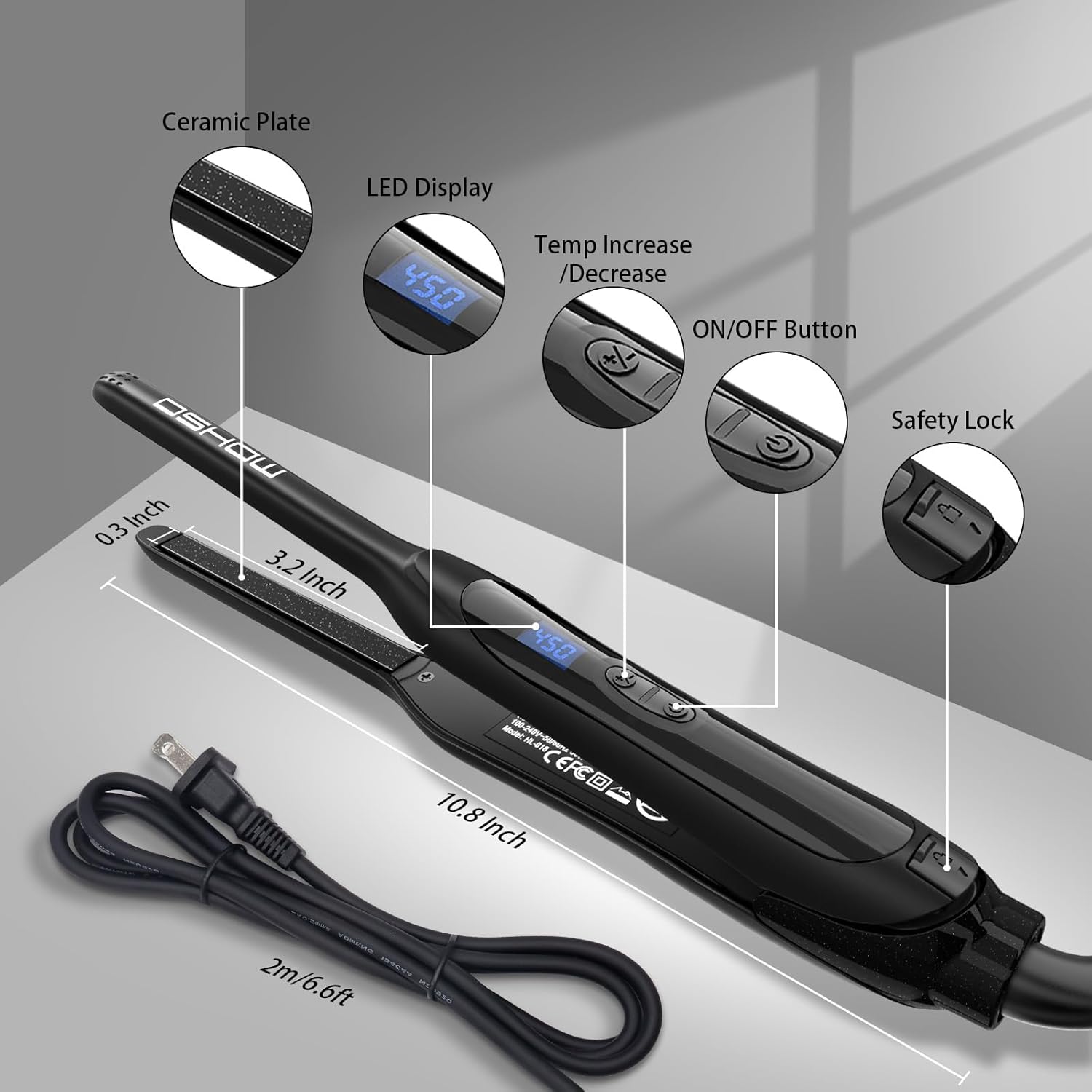 DSHOW Pencil Flat Iron, 3/10" Small Flat Irons for Short Hair, Pixie Cut and Bangs,Tourmaline Ceramic Mini Hair Straightener for Edges with Adjustable Temperature, Auto Shut Off (Black) - Image 4