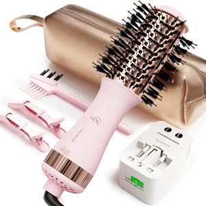 Dual Voltage Travel Hair Dryer Brush, Mini Hot Air Brush Styler & Dryer for European Travel, Hair Trends Nano Titanium 2 Inch One Step Hair Dryer and Styler Volumizer Oval Shape