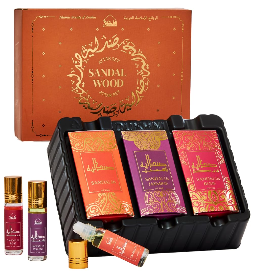 Dukhni Sandalwood Attar Oil Set Arabian sandalwood perfume oils | 3 assorted scents x 6ml | Alcohol free, Vegan, Sandalia Collection Set for Gifting | Chandan Prayer Oils, Islamic Fragrances