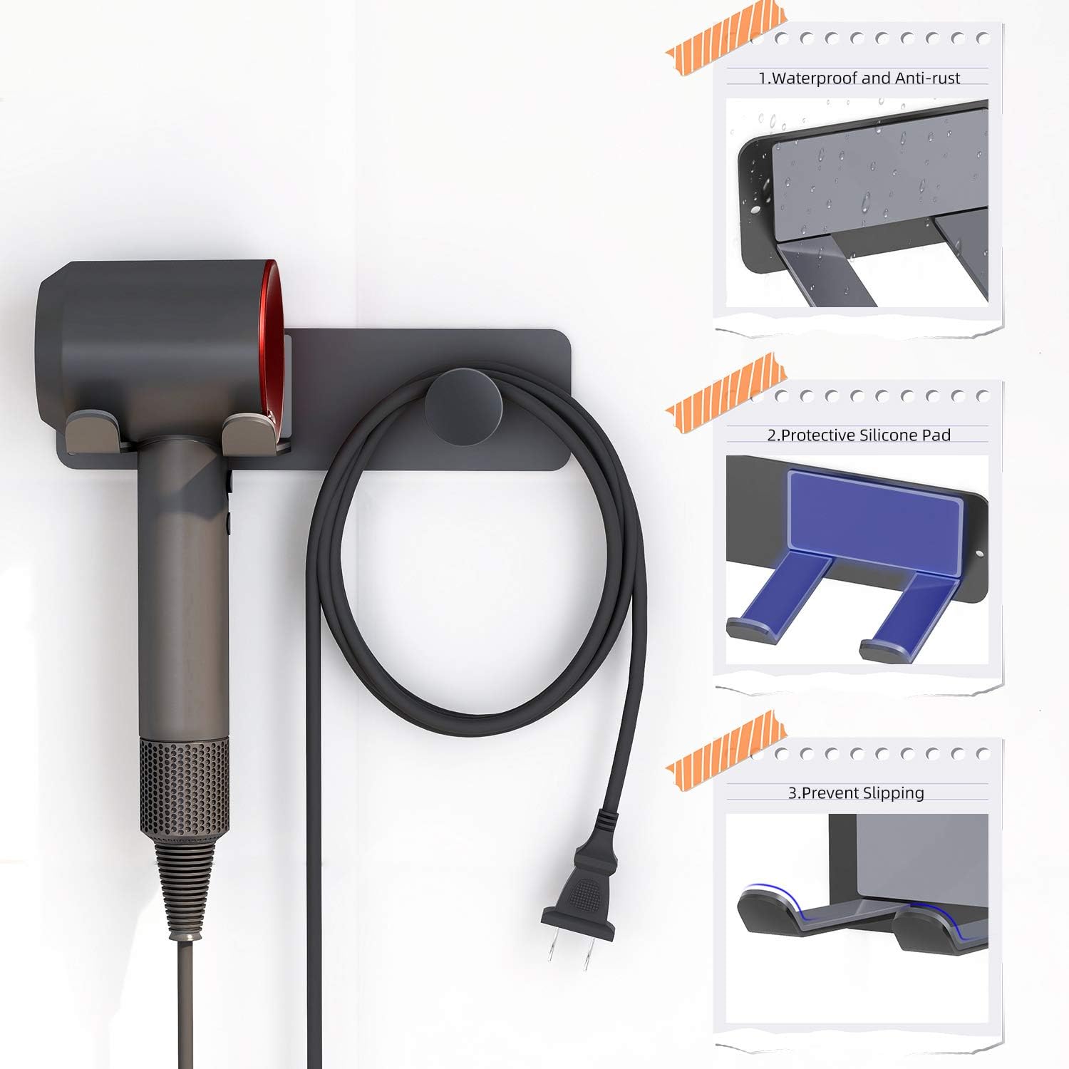Dyson Hair Dryer Holder Wall Mounted with Self Adhesive, FLE SUS-304 Stainless Steel Wall Mount Adhesive Rack Organizer for Dyson Supersonic Hair Blow Dryer, Power Plug, Diffuser and Nozzle - Image 3