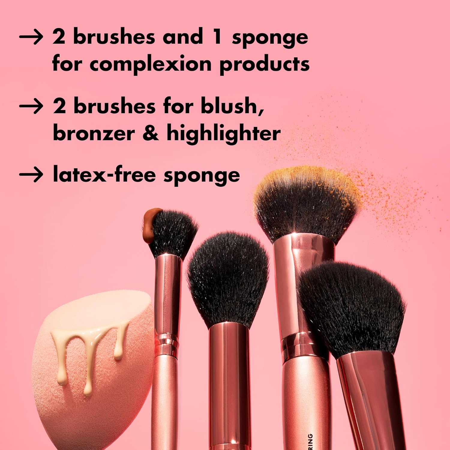 e.l.f. Complexion Essentials Brush & Sponge Set, Concealer, Powder, Blush & Highlighter Brushes & Total Face Sponge, Vegan & Cruelty-Free - Image 2