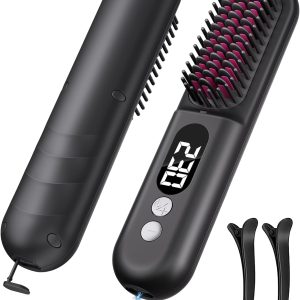 Easywave Cordless Hair Straightener Brush: Portable Hair Straightener for Travel - Negative Ion Hot Comb Hair Straightening Brush for Women, USB Rechargeable, Long-Standby, Anti-Scald