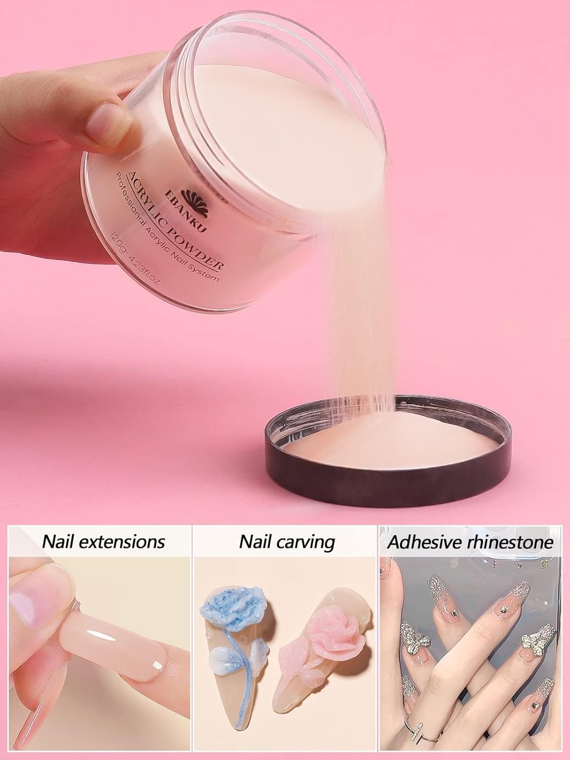 EBANKU Nude Acrylic Powder, 120g/4.23oz Acrylic Powder Large Capacity Professional Acrylic Nail Powder for Nail Acrylic Extension, Nail Carving, Long-Lasting, No Nail Lamp Needed - Image 5