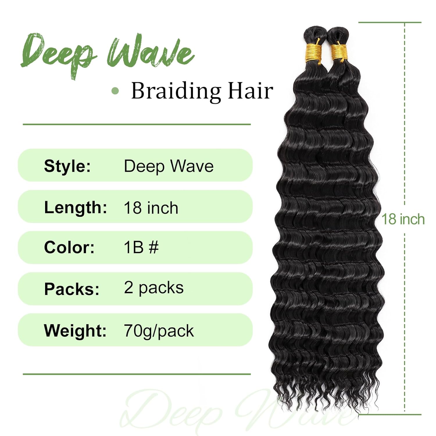 Eerya Long Curly Braiding Hair 18 Inch 2 Packs Ocean Wave Crochet Hair for Black Women Deep Wave Braiding Hair for Boho Braids (18 inch, 1B) - Image 2