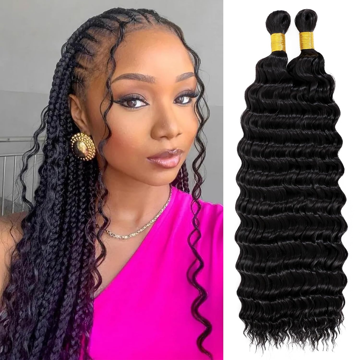 Eerya Long Curly Braiding Hair 18 Inch 2 Packs Ocean Wave Crochet Hair for Black Women Deep Wave Braiding Hair for Boho Braids (18 inch, 1B)
