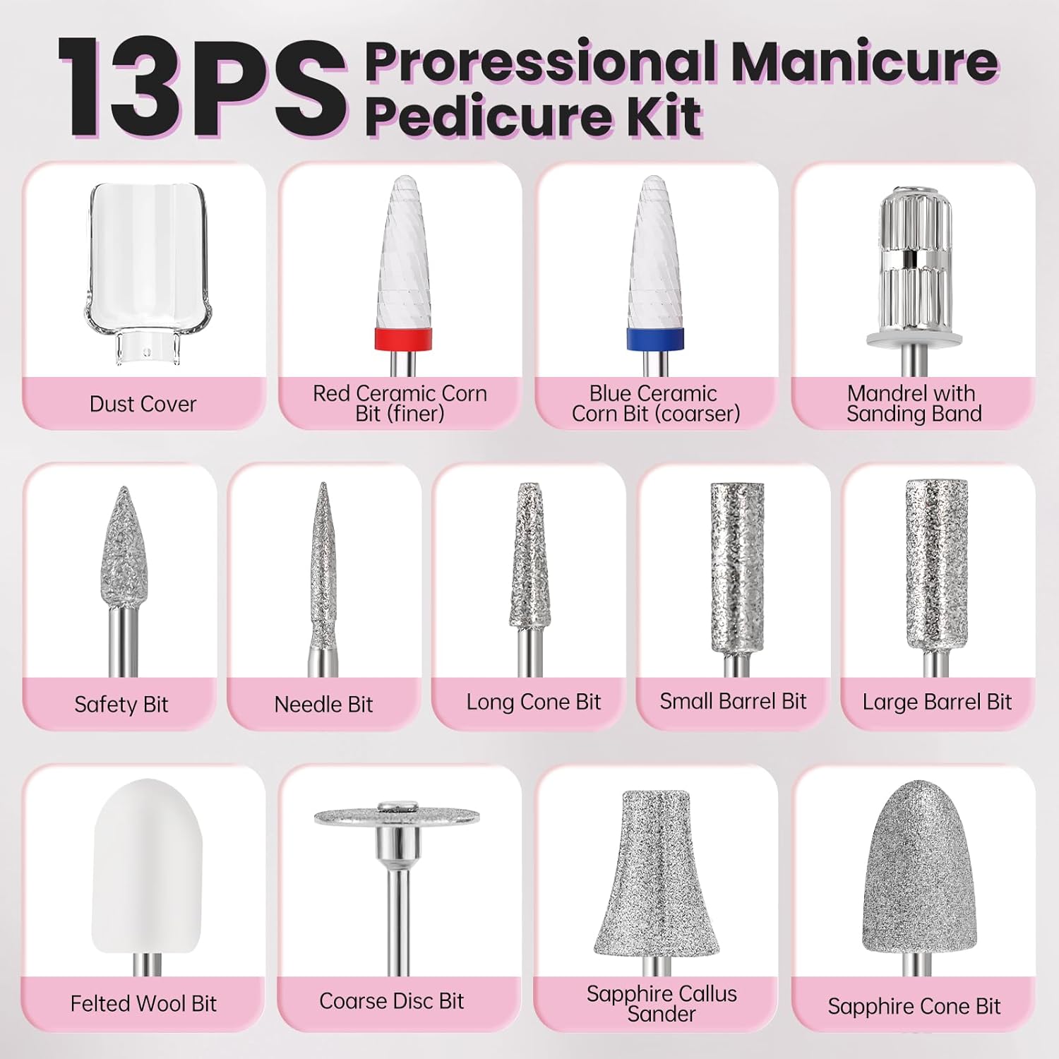Electric Nail Drill, Cordless 2000 mAh Rechargeable Portable Nail File 12 in 1 Kit for Thick Toenails, 10 Speeds Nail Dril Machine Professional Manicure Pedicure for Hand Natural Nails Care (Pink) - Image 5