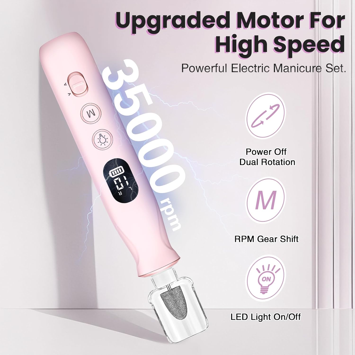 Electric Nail Drill, Cordless 2000 mAh Rechargeable Portable Nail File 12 in 1 Kit for Thick Toenails, 10 Speeds Nail Dril Machine Professional Manicure Pedicure for Hand Natural Nails Care (Pink) - Image 4