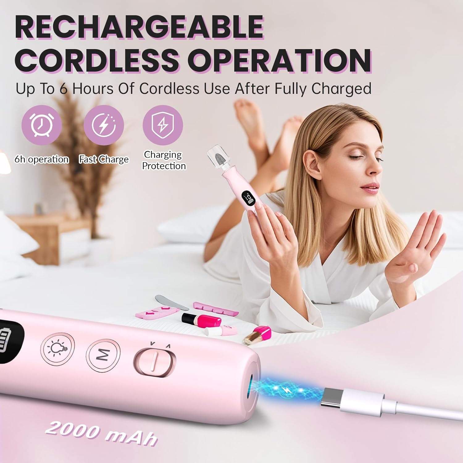 Electric Nail Drill, Cordless 2000 mAh Rechargeable Portable Nail File 12 in 1 Kit for Thick Toenails, 10 Speeds Nail Dril Machine Professional Manicure Pedicure for Hand Natural Nails Care (Pink) - Image 3