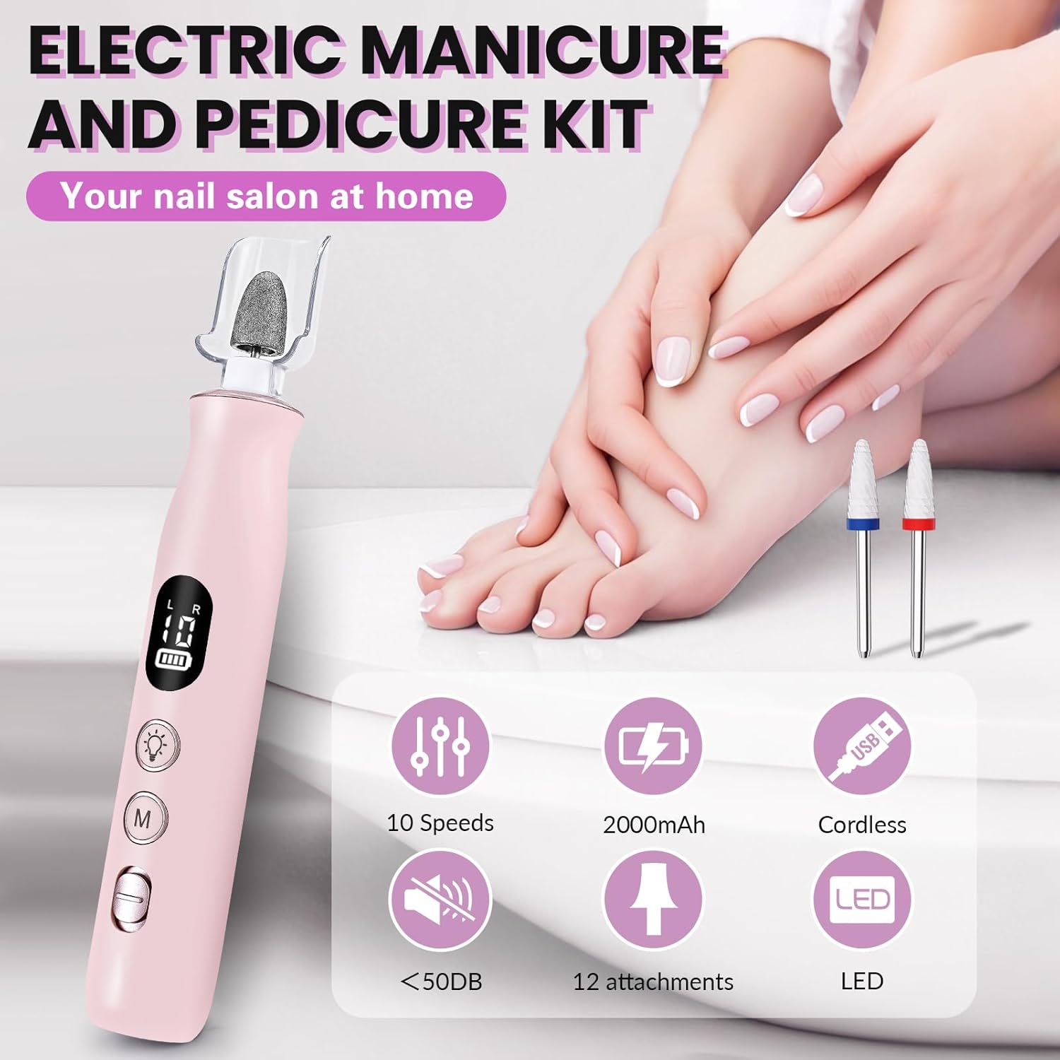 Electric Nail Drill, Cordless 2000 mAh Rechargeable Portable Nail File 12 in 1 Kit for Thick Toenails, 10 Speeds Nail Dril Machine Professional Manicure Pedicure for Hand Natural Nails Care (Pink) - Image 2