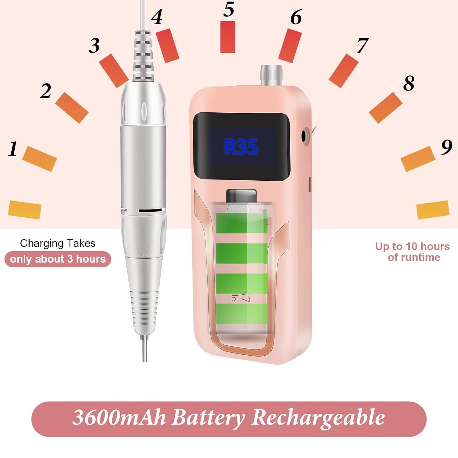 Electric Nail Drill, DELIFO Portable Nail Drill Professional PedicureRechargeable 35000 RPM Nail File Machine Acrylic Nails Polishing Tools with Bits LED Display for Home Salon Manicure - Image 6