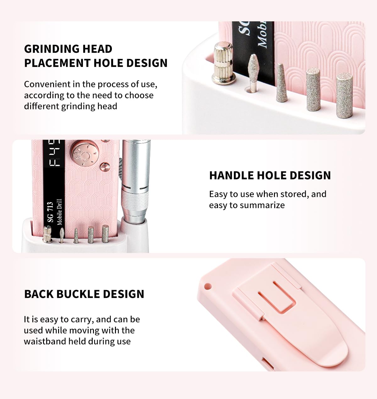 Electric Nail File Professional Kit - 45000RPM Portable Nail Drill Electric File with 11 Bits & Base丨LED Screen丨Ultra-Silent, Rechargeable Nail Drills Machine for Acrylic Nails Gel Polishing (Pink) - Image 8