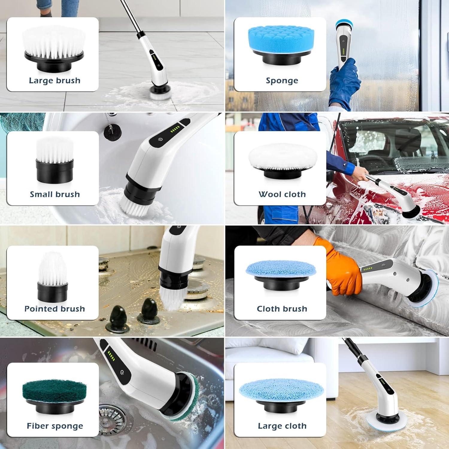 Electric Spin Scrubber, Cordless Cleaning Brush Scrubber for Home, 400RPM/Mins-8 Replaceable Brush Heads-90Mins Work Time, 3 Adjustable Size, 2 Speeds for Bathroom Shower Bathtub Glass Car - Image 6