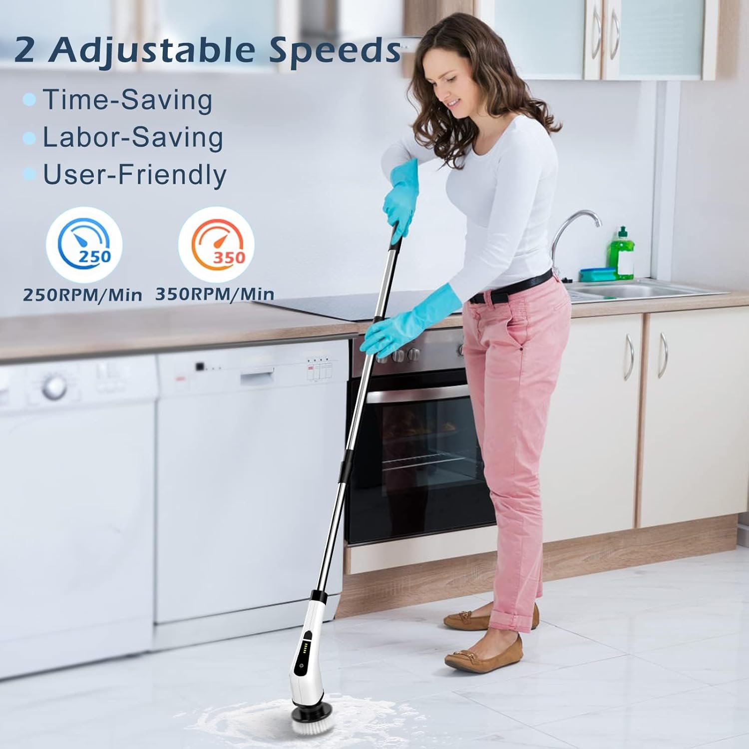 Electric Spin Scrubber, Cordless Cleaning Brush Scrubber for Home, 400RPM/Mins-8 Replaceable Brush Heads-90Mins Work Time, 3 Adjustable Size, 2 Speeds for Bathroom Shower Bathtub Glass Car - Image 5