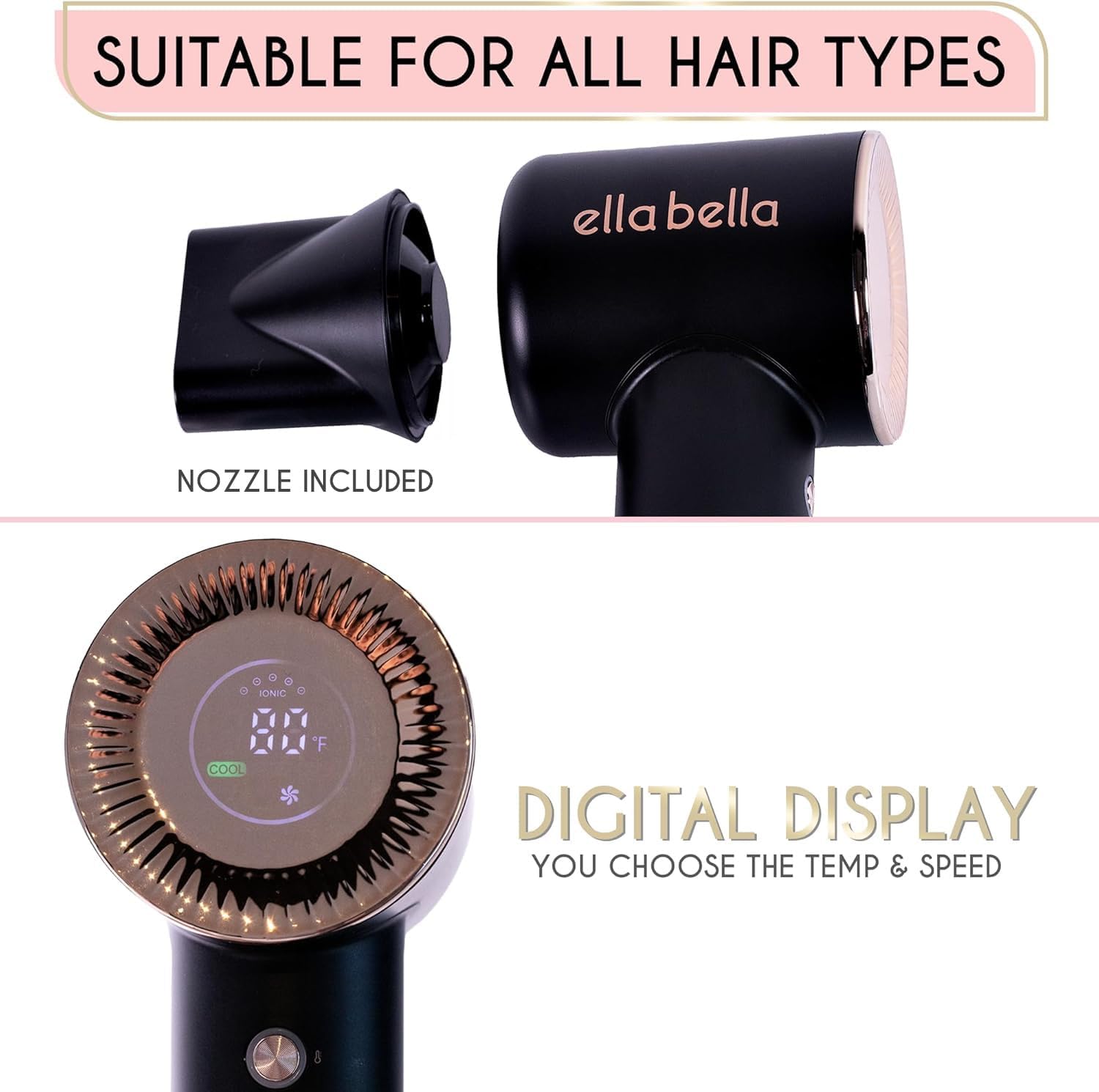 ELLA BELLA® Compact Plasma Hair Dryer, Advanced Plasma Technology Blow Dryer with Digital Display, Rapid Drying, Low Noise, & Luxury Velvet Travel Bag - Includes Diffuser & Nozzle- for All Hair Types - Image 4