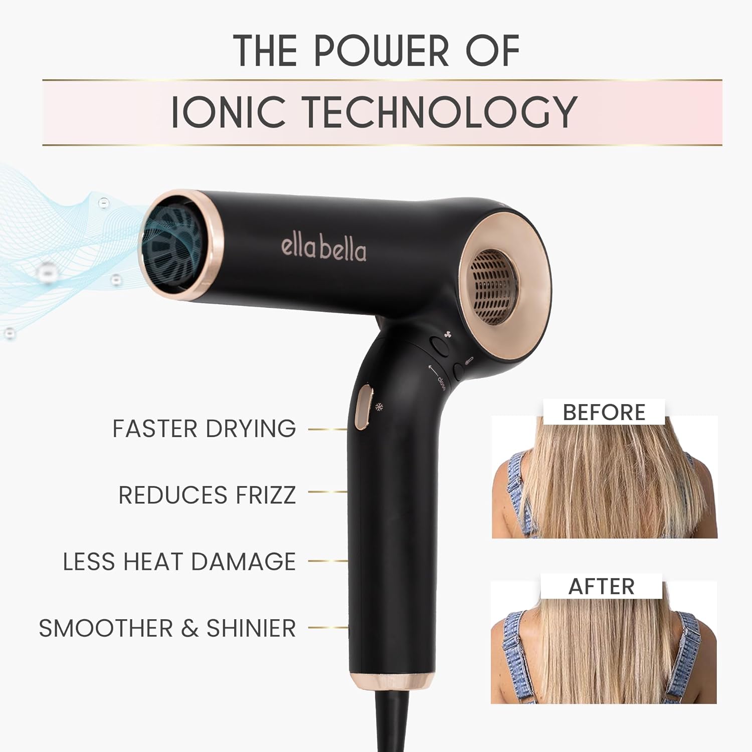 ELLA BELLA® Professional Ionic Hair Dryer (Foldable) • Negative Ion Blow Dryer • Perfect for Travel • Intelligent Heat Control & Rapid Drying Speeds • Lightweight Design • Low Noise Technology - Image 4