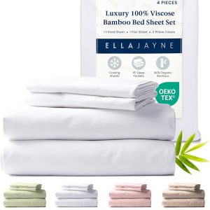Ella Jayne Viscose Derived from Bamboo Sheets Full Size Set (4 Pieces) Full Size, Ultra Soft & Luxuriously Cooling, Eco-Friendly Keyword Deep Pockets 16 Inch (White)