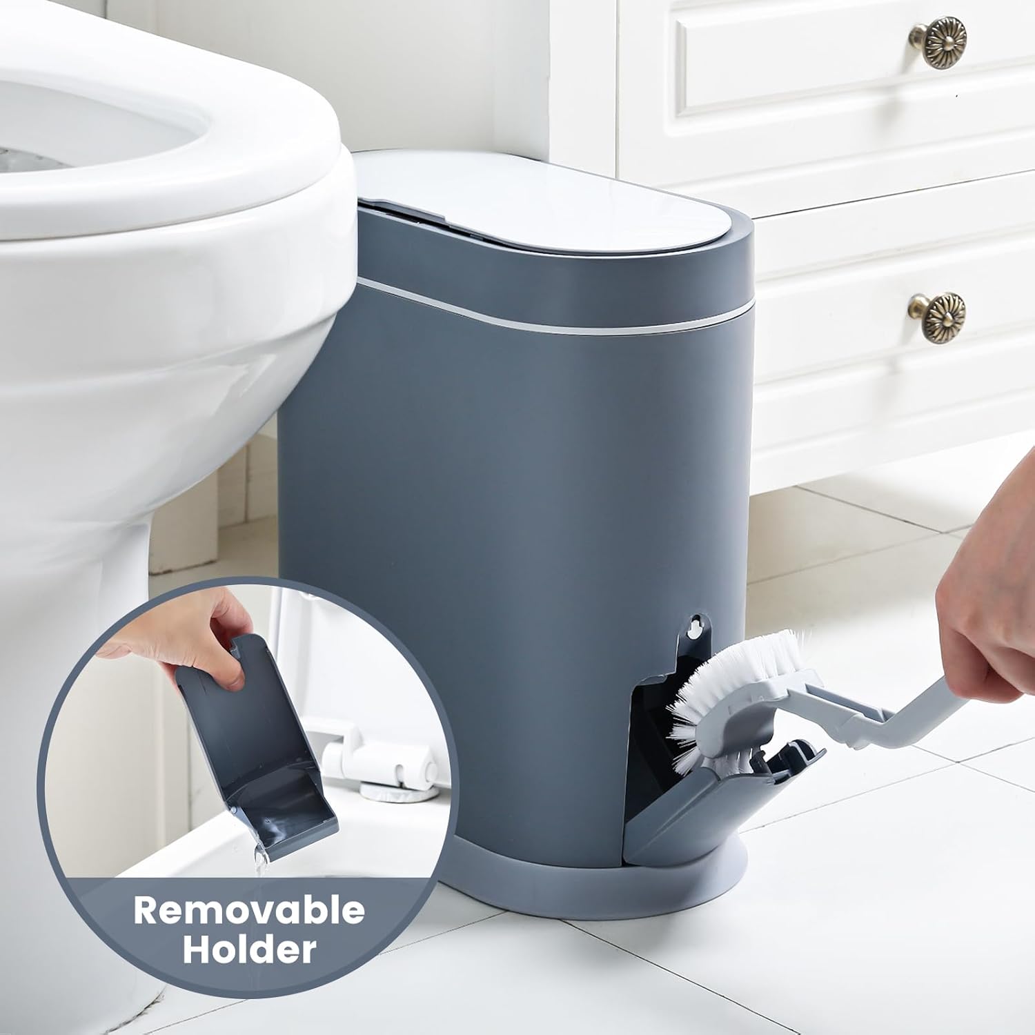 ELPHECO Bathroom Trash Can with Toilet Brush 2.5 Gallon Waterproof Trash Bin Smart Garbage can with lid Motion Sensor Waste Bin Automatic Garbage Bin for Bathroom(Grey) - Image 3
