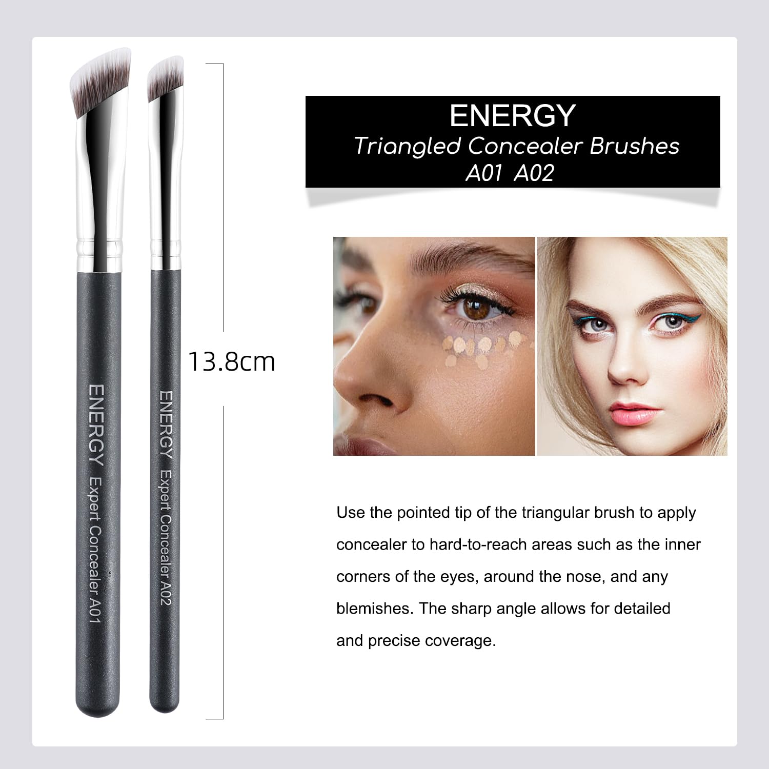 ENERGY Concealer Brush Set 2PCS Angled Concealer Makeup Brushes for Liquid, Cream & Powder - Nose Contour, Under Eye Brightener, Eyeshadow Blending- Vegan Synthetic Make Up Tool - Image 5