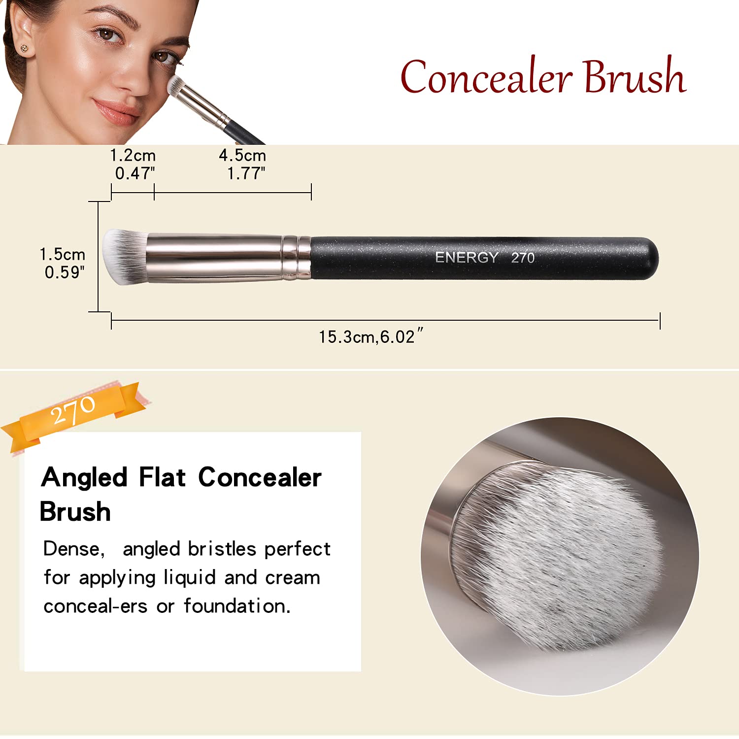 ENERGY Concealer Brush Set Professional Angle Under Eye Concealer Brushes Flat Top Perfect For Eye Concealer Foundation Blending Liquid Cream or Flawless Powder Cosmetics Buffing Stippling - Image 4
