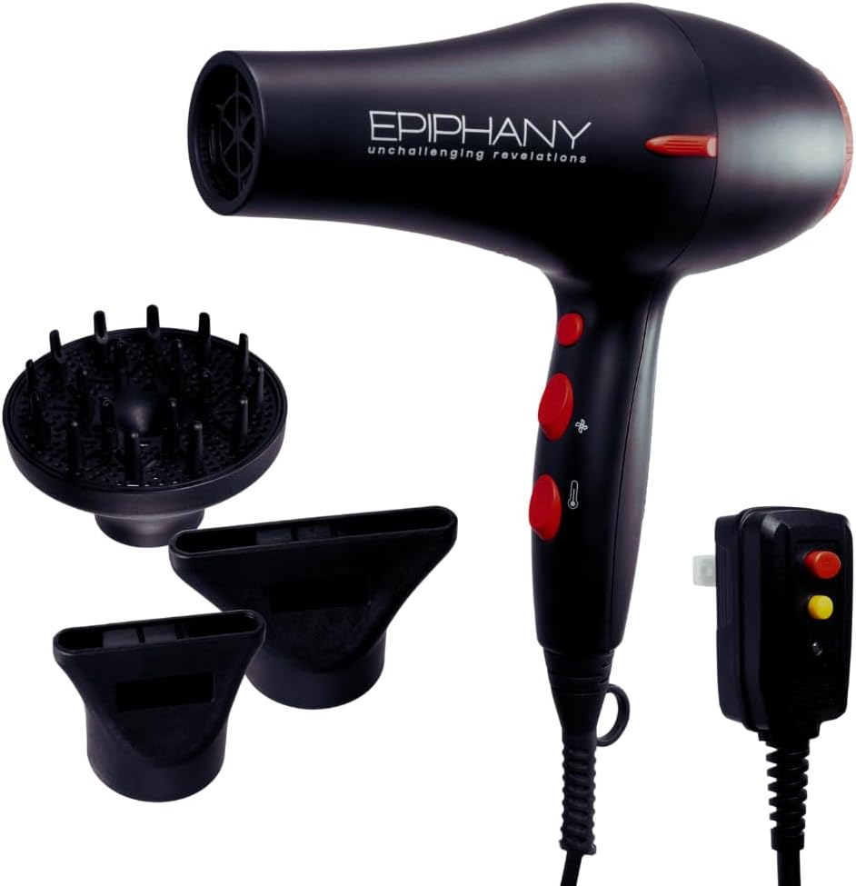 Epiphany Professional Hair Dryer 1875W – Ionic Blow Dryer with Ceramic Tourmaline Technology for Fast Drying, Frizz Control & Shine – Includes Diffuser & 2 Nozzles – Lightweight for All Hair Types