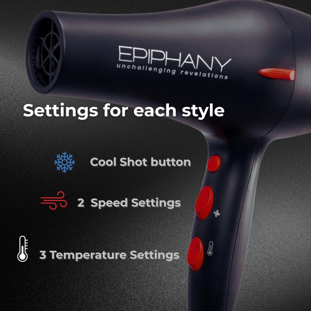 Epiphany Professional Hair Dryer 1875W – Ionic Blow Dryer with Ceramic Tourmaline Technology for Fast Drying, Frizz Control & Shine – Includes Diffuser & 2 Nozzles – Lightweight for All Hair Types - Image 4