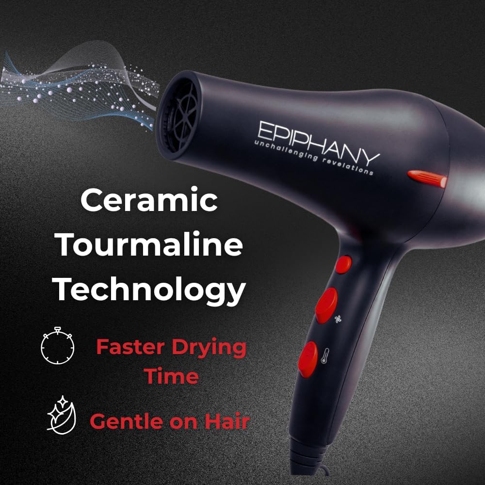 Epiphany Professional Hair Dryer 1875W – Ionic Blow Dryer with Ceramic Tourmaline Technology for Fast Drying, Frizz Control & Shine – Includes Diffuser & 2 Nozzles – Lightweight for All Hair Types - Image 2