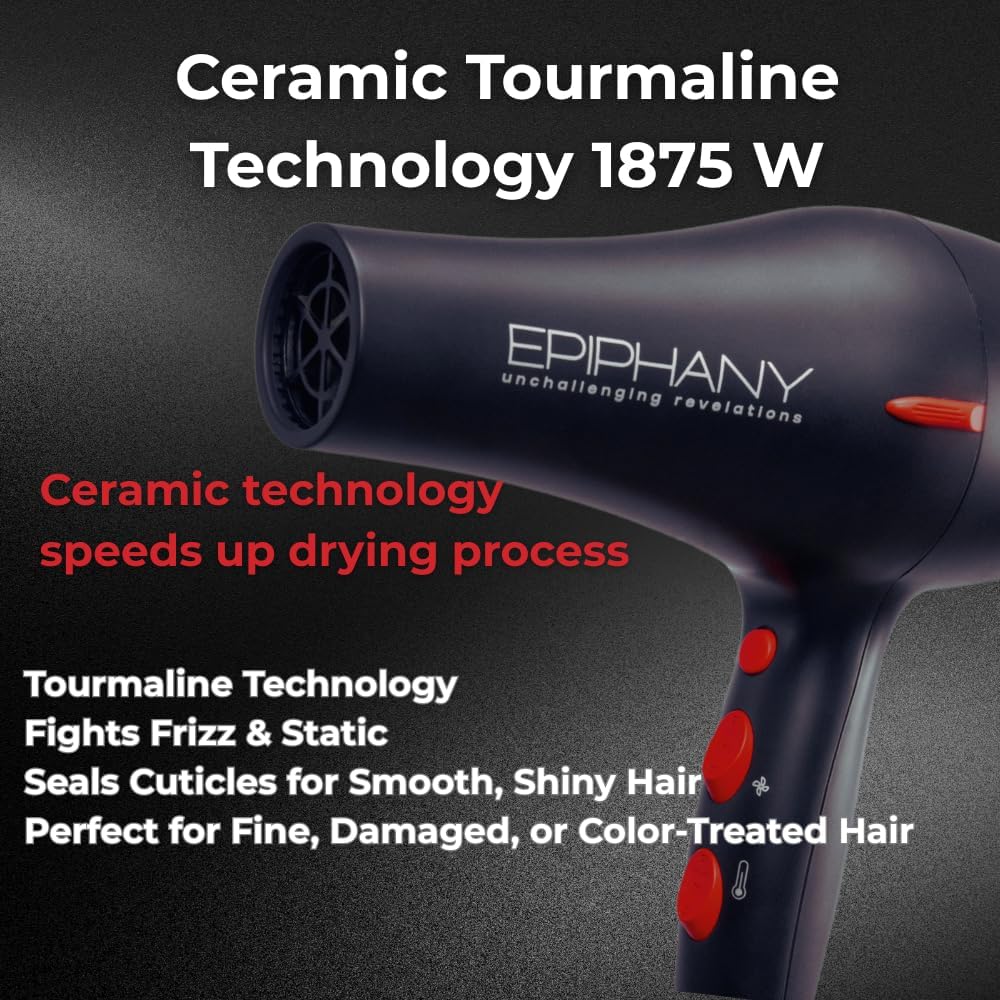 Epiphany Professional Hair Dryer 1875W – Ionic Blow Dryer with Ceramic Tourmaline Technology for Fast Drying, Frizz Control & Shine – Includes Diffuser & 2 Nozzles – Lightweight for All Hair Types - Image 5