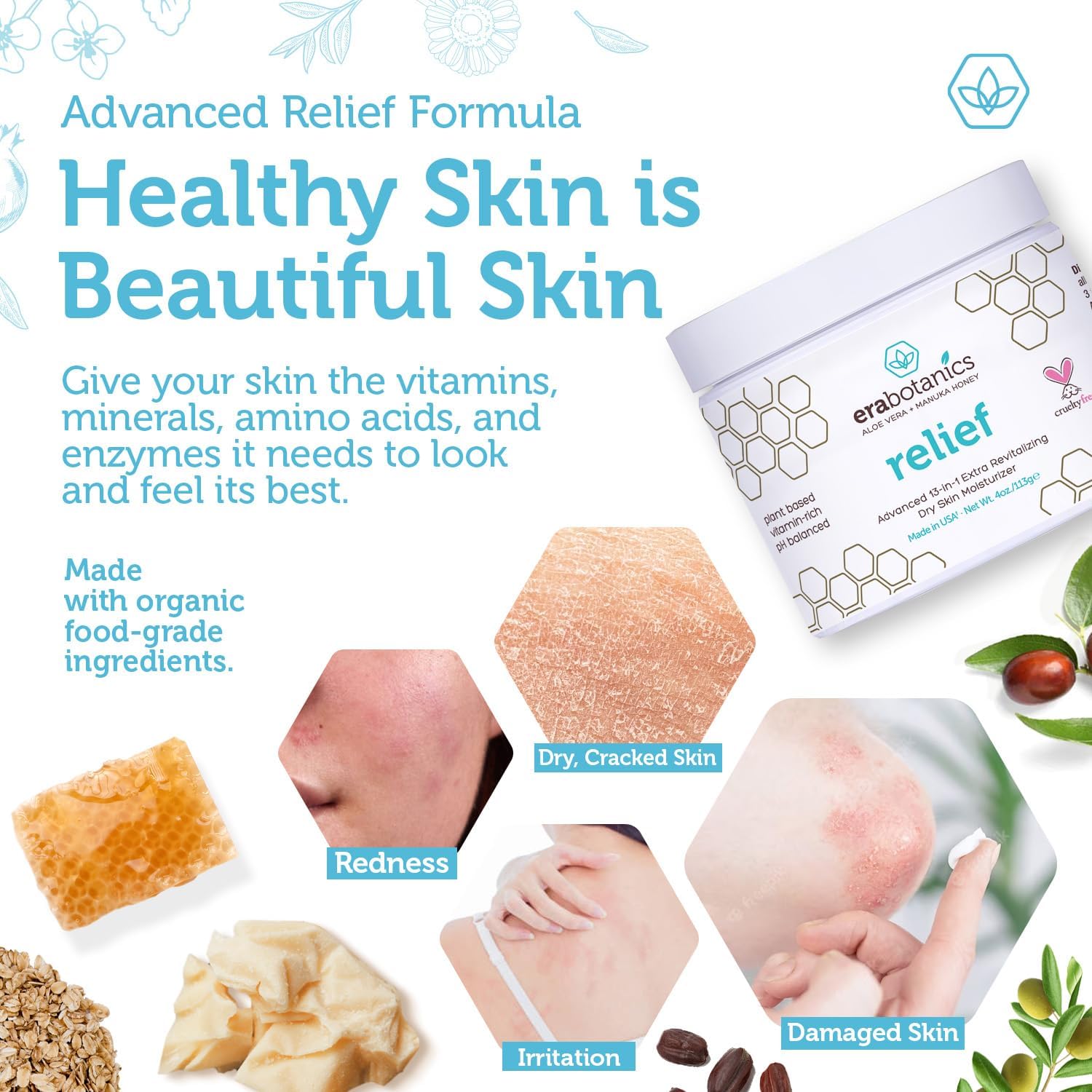 Era Organics Eczema, Psoriasis & Dermatitis Moisturizer Cream - Advanced 13-in-1 Non-Greasy Face or Body Lotion for Dry, Itchy Skin with Aloe Vera, Manuka Honey and More 4oz - Image 3