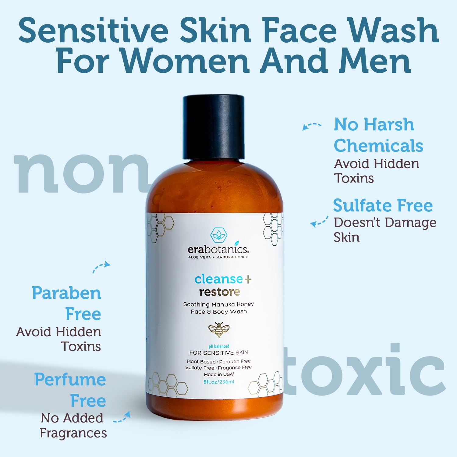 Era Organics Manuka Honey Face Wash for Women, Men - Sulfate Free Moisturizing Cleanser, Organic Aloe Vera - Soothing Plus Gentle on Dry Skin Facial Cleanser Made in USA - 8oz - Image 4