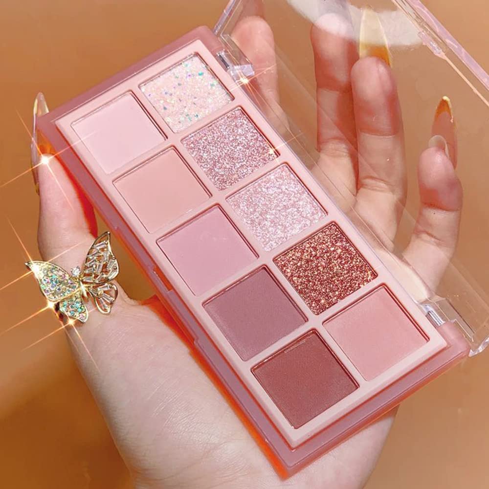 Erinde 10 Colors Eyeshadow Palette Makeup - Matte Shimmer Glitter Eye Shadow, Natural-Looking Korean Eye Makeup, Ultra-Blendable, High Pigmented, Pink Christmas Eyeshadow Palette with Brush, Rose Pink - Image 5