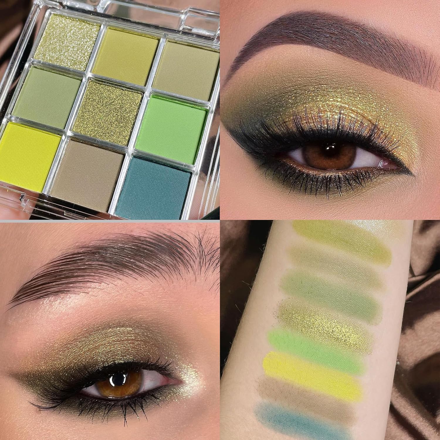 Erinde 9 Colors Eyeshadow Palette, Matte Shimmer Glitter Eye Shadow Palette Makeup, Highly Pigmented Long Lasting Waterproof, Natural Neutral Nude Eyeshadow Make Up Pallet, Yellow Green - Image 5