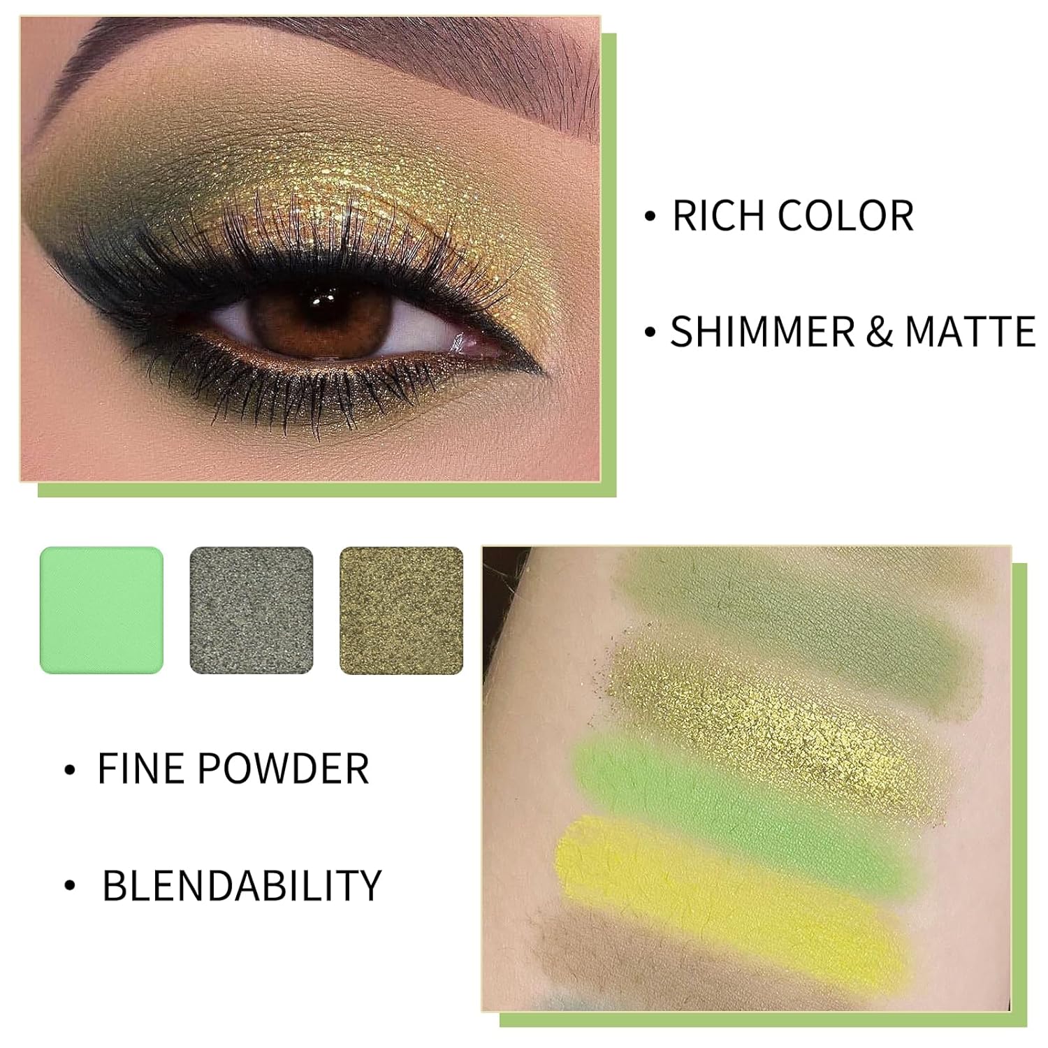 Erinde 9 Colors Eyeshadow Palette, Matte Shimmer Glitter Eye Shadow Palette Makeup, Highly Pigmented Long Lasting Waterproof, Natural Neutral Nude Eyeshadow Make Up Pallet, Yellow Green - Image 4