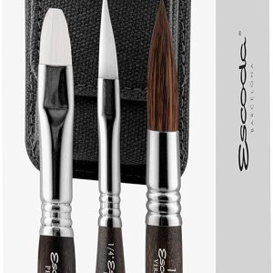 Escoda | Watercolour | Black Travel Set | Size 1/4,12,16 | 3 Brushes | Synthetic imitating Kolinsky Synthetic + White Toray | Bright + Dagger Striper + Round Pointed