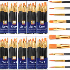 ESRICH Acrylic Paint Brushes Set, 10 Packs/ 100 Pcs Watercolor Brushes,Nylon Brush Head, for Oil Painting, Gouache, Face,Ceramics etc, Kid's and Adults Painting Arts and Crafts Paint Sets.