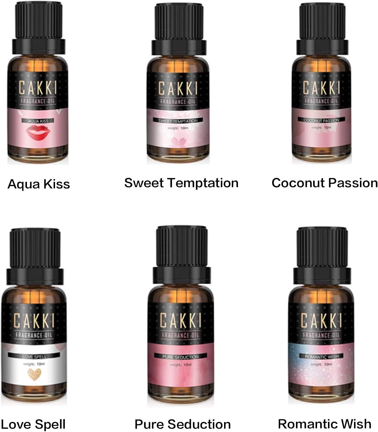 Essential Oils Set for Diffusers for Home, CAKKI Fragrance Oils Gift Set, 6X10ml Pure Aromatherapy Oils,with Pure Seduction, Love Spell,Coconut Passion, Aqua Kiss, for Candles Making - Image 2