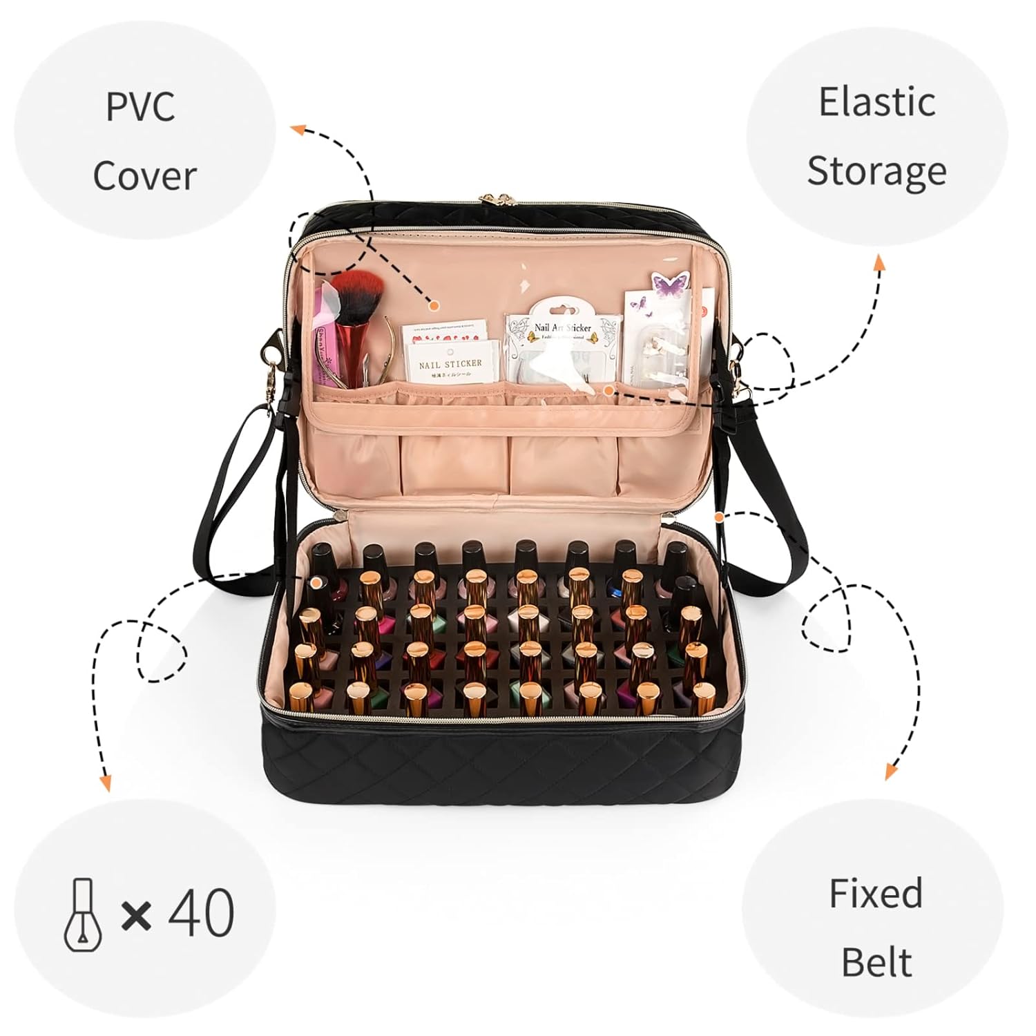 Ethereal Nail Polish Organizer Case Holds 50+ Bottles(15ml/0.5fl.oz) and Nail Lamp, Double Layer Nail Polish Storage Bag for Nail Kit, Manicure Tools, Black - Image 4