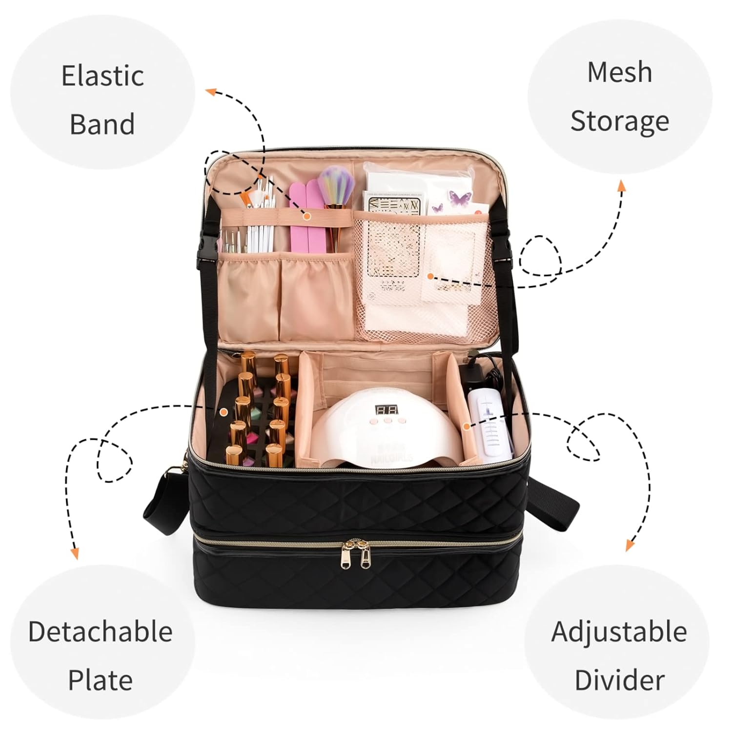 Ethereal Nail Polish Organizer Case Holds 50+ Bottles(15ml/0.5fl.oz) and Nail Lamp, Double Layer Nail Polish Storage Bag for Nail Kit, Manicure Tools, Black - Image 3