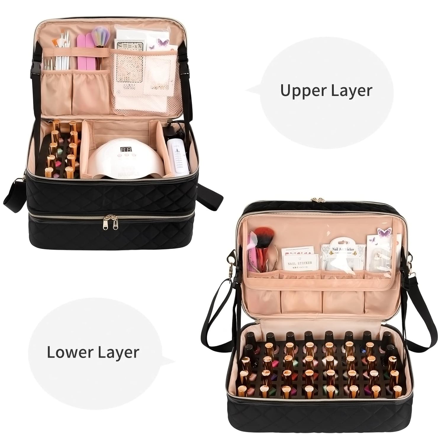 Ethereal Nail Polish Organizer Case Holds 50+ Bottles(15ml/0.5fl.oz) and Nail Lamp, Double Layer Nail Polish Storage Bag for Nail Kit, Manicure Tools, Black - Image 2