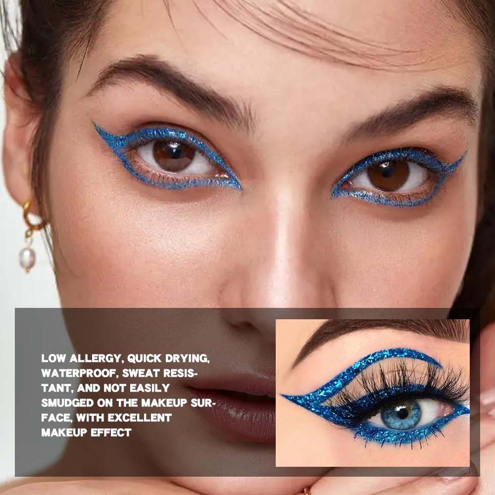 evpct 1Pcs Royal Blue Glitter Liquid Eyeliner Makeup, Light Blue Metallic Shimmer Eyeliner Liquid Eye Liner Eyeshadow Pencil Face Gems Glitter Facepaint Makeup, Blue Eyelashes Mascara hair Accessories - Image 2