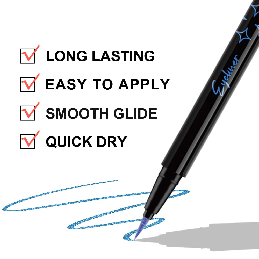 evpct 1Pcs Royal Blue Glitter Liquid Eyeliner Makeup, Light Blue Metallic Shimmer Eyeliner Liquid Eye Liner Eyeshadow Pencil Face Gems Glitter Facepaint Makeup, Blue Eyelashes Mascara hair Accessories - Image 5