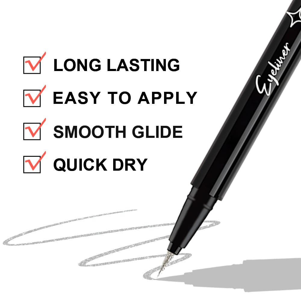 evpct 1Pcs Silver Glitter Liquid Eyeliner, Metallic Shimmer Light Silver Eyeliner Liquid Eye Liner Eyeshadow Pencil Face Body Glitter Makeup, Longwear Waterproof, Fake Eyelashes Mascara Accessories - Image 4