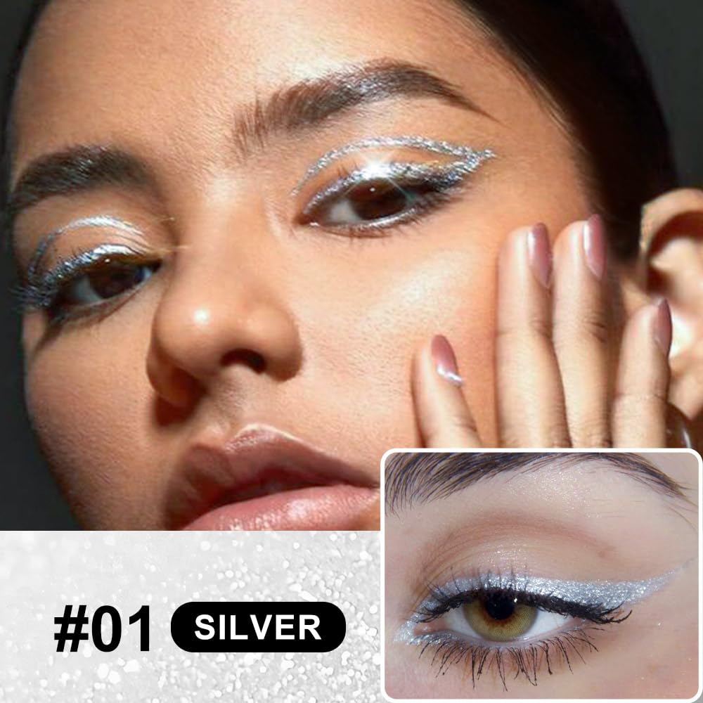 evpct 1Pcs Silver Glitter Liquid Eyeliner, Metallic Shimmer Light Silver Eyeliner Liquid Eye Liner Eyeshadow Pencil Face Body Glitter Makeup, Longwear Waterproof, Fake Eyelashes Mascara Accessories - Image 2