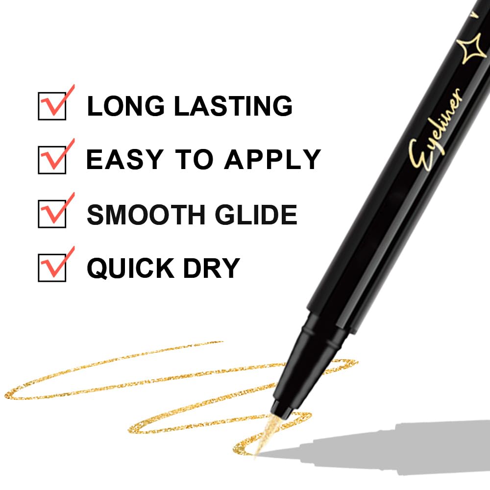 evpct 2Pcs Glitter Sparkling Shimmer Gold & Silver Liquid Eyeliner Makeup Pen Set, Metallic Satin Finish Colorful Colored Sparkle Eye Liner Pen Waterproof Smudge Proof Long Lasting High Pigmented - Image 4