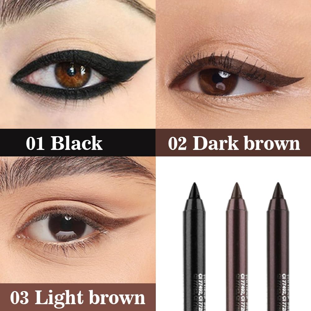 evpct 3Pcs Black & Dark Brown & Brown Gel Glitter Matte Metallic Eyeliner Pencils Set for Women Waterproof Smudge Proof lapiz de ojos delineador de ojos contra el agua Eye Liner Makeup 01 02 16 - Image 2