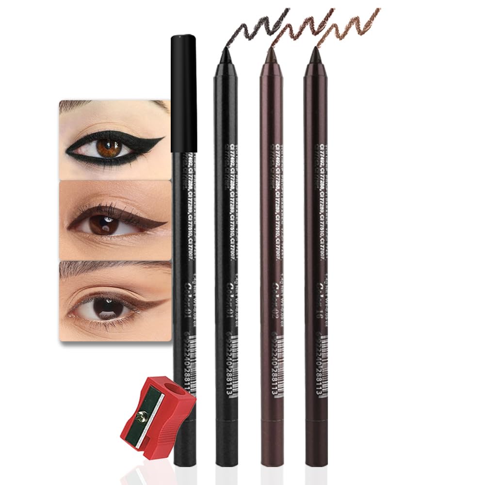 evpct 3Pcs Black & Dark Brown & Brown Gel Glitter Matte Metallic Eyeliner Pencils Set for Women Waterproof Smudge Proof lapiz de ojos delineador de ojos contra el agua Eye Liner Makeup 01 02 16