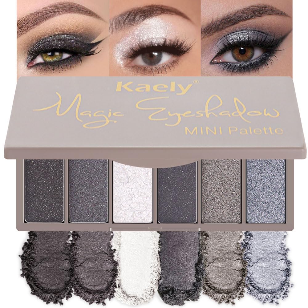 evpct 6 Colors Smokey Grey Eyeshadow Palette, Black Smoky Gray White Silver Taupe Glitter Sparkle Shimmer Matte High Pigment Mini Travel Eye shadow Palette Makeup for older Women, Long Lasting