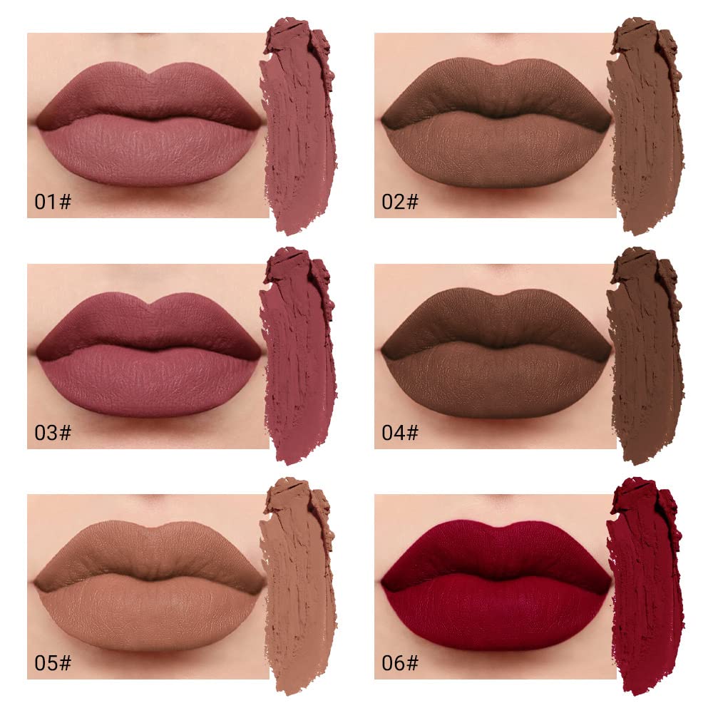 evpct 6Pcs Dark Light Nude Brown Matte Matt Liquid Lipstick Lip Gloss Glossy Set for Black Women, 24 Hour Brown Mauve Red Maroon Silky Velvet Lipstick Lip Liner set labiales matte larga duracion 24 - Image 2