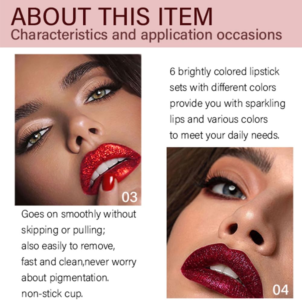 evpct 6Pcs Diamond Lip Gloss Matte to Glitter Liquid Lipstick Waterproof, Metallic Metal Shimmer Liquid Diamond Glitter Sparkle Sparkling Lipstick Lip Gloss Sets for Women Lips Kit, glitter+lipstick - Image 2