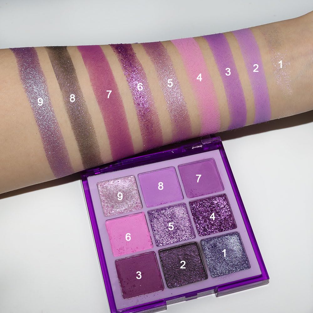 evpct 9 Colors Purple Glitter Eyeshadow Palette, Lavender Violet Purple Pink Glitter Metallic Shimmer Sparkly Eye Shadow Palette Makeup for Older Women Blue Eyes, Waterproof Highly Pigmented Eyeshadow - Image 7